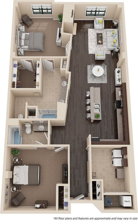 Floor plan for 2 beds, 2 baths, 2290 sqft